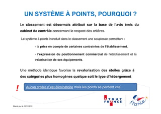 Mise à jour le 10/11/2010
UN SYSTÈME À POINTS, POURQUOI ?
Aucun critère n’est éliminatoire mais les points se perdent vite.
!
Le classement est désormais attribué sur la base de l’avis émis du
cabinet de contrôle concernant le respect des critères.
Le système à points introduit dans le classement une souplesse permettant :
- la prise en compte de certaines contraintes de l’établissement,
- l’expression du positionnement commercial de l’établissement et la
valorisation de ses équipements.
Une méthode identique favorise la revalorisation des étoiles grâce à
des catégories plus homogènes quelque soit le type d’hébergement
 