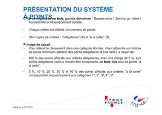 Mise à jour le 10/11/2010
PRÉSENTATION DU SYSTÈME
À POINTSCritères organisés en trois grands domaines : Equipements / Service au client /
Accessibilité et développement durable.
• Chaque critère est affecté d’un nombre de points.
• Deux types de critères : “obligatoires” (X) et “à la carte” (O).
Principe de calcul :
• Pour obtenir le classement dans une catégorie donnée, il faut atteindre un nombre
de points minimum (addition des points obligatoires et à la carte), à raison de:
• 100 % des points affectés aux critères obligatoires, avec une marge de 5 %. Les
points obligatoires perdus doivent être compensés par trois fois plus de points “à
la carte”.
• 5 %, 10 %, 20 %, 30 % et 40 % des points affectés aux critères “à la carte”
correspondant respectivement aux catégories 1*, 2*, 3*, 4*, 5*.
 