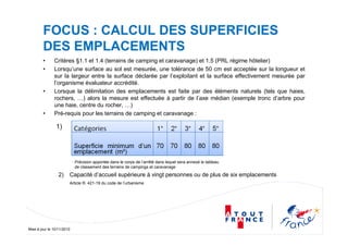 Mise à jour le 10/11/2010
FOCUS : CALCUL DES SUPERFICIES
DES EMPLACEMENTS
• Critères §1.1 et 1.4 (terrains de camping et caravanage) et 1.5 (PRL régime hôtelier)
• Lorsqu’une surface au sol est mesurée, une tolérance de 50 cm est acceptée sur la longueur et
sur la largeur entre la surface déclarée par l’exploitant et la surface effectivement mesurée par
l’organisme évaluateur accrédité.
• Lorsque la délimitation des emplacements est faite par des éléments naturels (tels que haies,
rochers, …) alors la mesure est effectuée à partir de l’axe médian (exemple tronc d’arbre pour
une haie, centre du rocher, …)
• Pré-requis pour les terrains de camping et caravanage :
Précision apportée dans le corps de l’arrêté dans lequel sera annexé le tableau
de classement des terrains de campings et caravanage
2) Capacité d’accueil supérieure à vingt personnes ou de plus de six emplacements
Article R. 421-19 du code de l’urbanisme
1)
 
