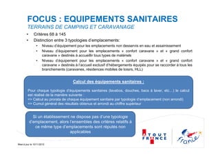 Mise à jour le 10/11/2010
FOCUS : EQUIPEMENTS SANITAIRES
TERRAINS DE CAMPING ET CARAVANAGE
• Critères 68 à 145
• Distinction entre 3 typologies d’emplacements:
• Niveau d’équipement pour les emplacements non desservis en eau et assainissement
• Niveau d’équipement pour les emplacements « confort caravane » et « grand confort
caravane » destinés à accueillir tous types de matériels
• Niveau d’équipement pour les emplacements « confort caravane » et « grand confort
caravane » destinés à l’accueil exclusif d’hébergements équipés pour se raccorder à tous les
branchements (caravanes, résidences mobiles de loisirs, HLL)
Calcul des équipements sanitaires :
Pour chaque typologie d’équipements sanitaires (lavabos, douches, bacs à laver, etc…) le calcul
est réalisé de la manière suivante :
=> Calcul au prorata de chaque équipement sanitaire par typologie d’emplacement (non arrondi)
=> Cumul général des résultats obtenus et arrondi au chiffre supérieur
Si un établissement ne dispose pas d’une typologie
d’emplacement, alors l’ensembles des critères relatifs à
ce même type d’emplacements sont réputés non
applicables
 