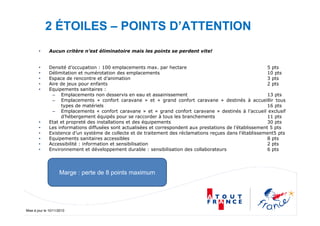 Mise à jour le 10/11/2010
• Aucun critère n’est éliminatoire mais les points se perdent vite!
• Densité d’occupation : 100 emplacements max. par hectare 5 pts
• Délimitation et numérotation des emplacements 10 pts
• Espace de rencontre et d’animation 3 pts
• Aire de jeux pour enfants 2 pts
• Equipements sanitaires :
– Emplacements non desservis en eau et assainissement 13 pts
– Emplacements « confort caravane » et « grand confort caravane » destinés à accueillir tous
types de matériels 16 pts
– Emplacements « confort caravane » et « grand confort caravane » destinés à l’accueil exclusif
d’hébergement équipés pour se raccorder à tous les branchements 11 pts
• Etat et propreté des installations et des équipements 30 pts
• Les informations diffusées sont actualisées et correspondent aux prestations de l’établissement 5 pts
• Existence d’un système de collecte et de traitement des réclamations reçues dans l’établissement5 pts
• Equipements sanitaires accessibles 8 pts
• Accessibilité : information et sensibilisation 2 pts
• Environnement et développement durable : sensibilisation des collaborateurs 6 pts
2 ÉTOILES – POINTS D’ATTENTION
Marge : perte de 8 points maximum
 