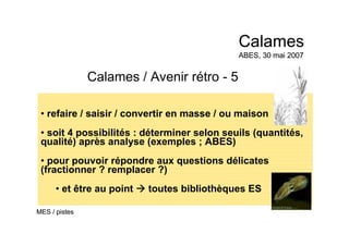 Calames / Avenir rétro - 5
• refaire / saisir / convertir en masse / ou maison
• soit 4 possibilités : déterminer selon seuils (quantités,
qualité) après analyse (exemples ; ABES)
• pour pouvoir répondre aux questions délicates
(fractionner ? remplacer ?)
• et être au point toutes bibliothèques ES
Calames
ABES, 30 mai 2007
Calames
ABES, 30 mai 2007
MES / pistesMES / pistes
 