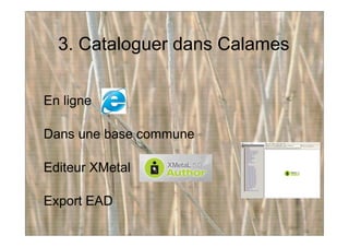 3. Cataloguer dans Calames
En ligne
Dans une base commune
Editeur XMetal
Export EAD
 