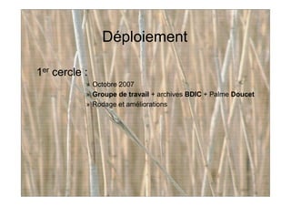 Déploiement
1er cercle :
» Octobre 2007
» Groupe de travail + archives BDIC + Palme Doucet
» Rodage et améliorations
 