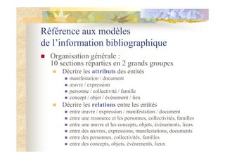 Référence aux modèles
de l’information bibliographique
Organisation générale :
10 sections réparties en 2 grands groupes
Décrire les attributs des entités
manifestation / document
œuvre / expression
personne / collectivité / famille
concept / objet / évènement / lieu
Décrire les relations entre les entités
entre œuvre / expression / manifestation / document
entre une ressource et les personnes, collectivités, familles
entre une œuvre et les concepts, objets, évènements, lieux
entre des œuvres, expressions, manifestations, documents
entre des personnes, collectivités, familles
entre des concepts, objets, évènements, lieux
 