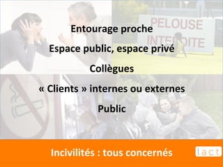 Entourage 
proche 
Espace 
public, 
espace 
privé 
Collègues 
« 
Clients 
» 
internes 
ou 
externes 
Public 
Incivilités 
: 
tous 
concernés 
 