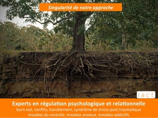 Singularité 
de 
notre 
approche 
Experts 
en 
régulaCon 
psychologique 
et 
relaConnelle 
burn-­‐out, 
conflits, 
harcèlement, 
syndrôme 
de 
stress-­‐post 
traumaEque 
troubles 
du 
contrôle, 
troubles 
anxieux, 
troubles 
addicEfs 
 