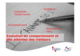 Evolution du comportement et
des attentes des visiteurs
Recherche de
sens
Expérience
Authenticité –
Contact humain
Accompagnement
 