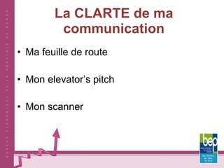 La CLARTE de ma communication Ma feuille de route Mon elevator’s pitch Mon scanner 
