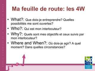 Ma feuille de route: les 4W What?:  Que dois-je entreprendre? Quelles possibilités me sont ouvertes? Who?:  Qui est mon interlocuteur? Why?:  Quels sont mes objectifs et ceux suivis par mon interlocuteur? Where and When?:  Où dois-je agir? A quel moment? Dans quelles circonstances? 