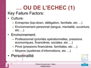 …  OU DE L’ECHEC (1) Key Failure Factors: Culture: Entreprise (top-down, délégation, familiale, etc …) Environnement personnel (langue, mentalité, ouverture, etc …) Environnement: Professionnel (priorités opérationnelles, pressions économiques, financières, sociales, etc …) Privé (pressions financières, familiales, etc …) Moyens (systèmes d’informations, etc …) Personnalité Finfor-Consult sprl - Marc Hellebrekers 