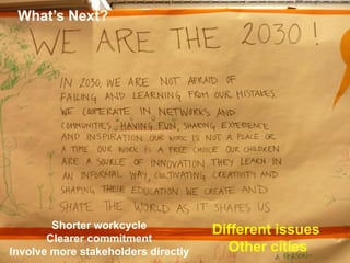What’s Next?




        Shorter workcycle            Different issues
       Clearer commitment
Involve more stakeholders directly     Other cities
 