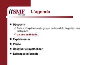 14
L’agenda
Découvrir
Retour d’expérience du groupe de travail de la gestion des
problèmes
Un peu de théorie...
Expérimenter
Pause
Restituer et synthétiser
Échanges informels
 
