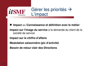 43
Gérer les priorités
L’impact
Impact => Connaissance et définition avec le métier
Impact sur l'image du service à la demande du client de la
société de service
Impact sur le chiffre d’affaire
Modulation saisonnière (pic d’activité)
Besoin de retour clair des Directions
 