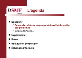 6
L’agenda
Découvrir
Retour d’expérience du groupe de travail de la gestion
des problèmes
Un peu de théorie...
Expérimenter
Pause
Restituer et synthétiser
Échanges informels
 