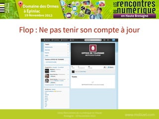 Flop : Ne pas tenir son compte à jour

1ères Rencontres du numérique en Haute
Bretagne - 19 Novembre 2013

www.mobizel.com

 