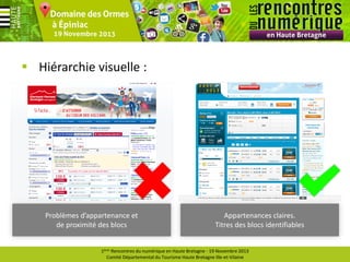  Hiérarchie visuelle :

Problèmes d’appartenance et
de proximité des blocs

Appartenances claires.
Titres des blocs identifiables

1ères Rencontres du numérique en Haute Bretagne - 19 Novembre 2013
Comité Départemental du Tourisme Haute Bretagne Ille-et-Vilaine

 