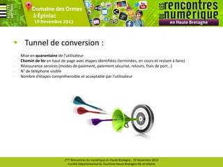  Tunnel de conversion :
-

Mise en quarantaine de l’utilisateur
Chemin de fer en haut de page avec étapes identifiées (terminées, en cours et restant à faire)
Réassurance services (modes de paiement, paiement sécurisé, retours, frais de port…)
N° de téléphone visible
Nombre d’étapes compréhensible et acceptable par l’utilisateur

1ères Rencontres du numérique en Haute Bretagne - 19 Novembre 2013
Comité Départemental du Tourisme Haute Bretagne Ille-et-Vilaine

 