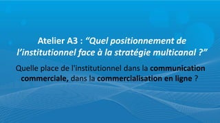 Quelle place de l'institutionnel dans la communication
commerciale, dans la commercialisation en ligne ?
Atelier A3 : “Quel positionnement de
l’institutionnel face à la stratégie multicanal ?”
 