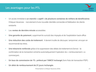Présentation e.Chèque-Vacances 2016. 29
Les avantages pour les PTL
29
 Un accès immédiat à un marché « captif » de plusieurs centaines de milliers de bénéficiaires
Chèque-Vacances : recrutement d’une nouvelle clientèle connectée et fidélisation de clients
existants
 Les ventes de dernière minute accessibles
 Une garantie de paiement, supprimant le surcoût des impayés et de l’exploitation back-office
 Une réduction des coûts de traitement : il devient inutile de découper, tamponner, envoyer en
recommandé les titres.
 Une trésorerie renforcée grâce à la suppression des délais de traitement et d’envoi : la
confirmation de la transaction entraîne automatiquement l’opération de « remboursement » e-
commerçant.
 Un taux de commission de 1% prélevé par l’ANCV inchangé (hors frais de transaction PSP)
 Un délai de remboursement de 21 jours inchangés
 