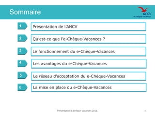 Présentation e.Chèque-Vacances 2016. 3
Présentation de l’ANCV
Qu’est-ce que l’e-Chèque-Vacances ?
Le fonctionnement du e-Chèque-Vacances
Le réseau d’acceptation du e-Chèque-Vacances
Les avantages du e-Chèque-Vacances
Sommaire
La mise en place du e-Chèque-Vacances6
1
2
3
4
5
 