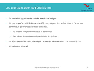 Présentation e.Chèque-Vacances 2016. 30
 De nouvelles opportunités d’accès aux achats en ligne
 Un parcours d’achat à distance simplifié : en quelques clics, la réservation et l’achat sont
confirmés, le paiement est validé en temps réel.
‒ La prise en compte immédiate de la réservation
‒ Les ventes de dernière minute deviennent accessibles.
 La suppression des coûts induits par l’utilisation à distance des Chèques-Vacances
 Un paiement sécurisé
30
Les avantages pour les Bénéficiaires
 