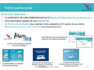 Présentation e.Chèque-Vacances 2016. 4343
Notre partenariat
Nous vous apportons :
 La publication de votre établissement sur le Guide e-Chèque-Vacances guide.ancv.com
 Une information auprès de nos clients CE
 Un kit de communication pour valoriser votre acceptation eCV auprès de vos clients
(téléchargeables en ligne sur votre espace dédié https://espace-ptl.ancv.com)
Le logo et des visuels pour illustrer
vos communications
Un didacticiel pour bien
comprendre comment payer avec
e-Chèque-Vacances
Un flyer détaillé sur l’utilisation
d’e-Chèque-Vacances
Une bannière déclinée sous 4
formats à placer sur votre site
ou intranet
Des FAQ pour vous accompagner et
répondre aux questions des clients
 