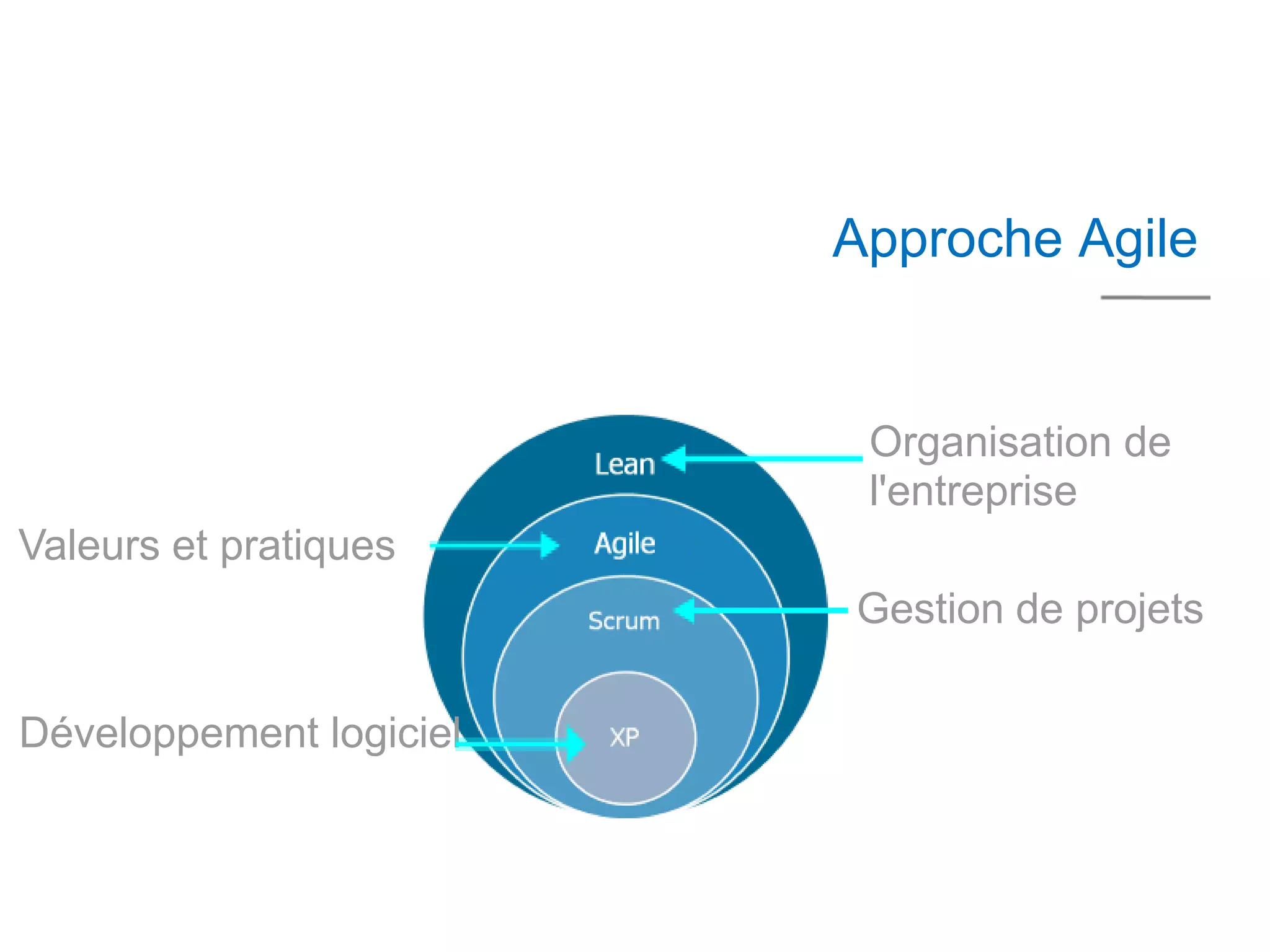 Approche Agile


                          Organisation de
                          l'entreprise
Valeurs et pratiques
                         Gestion de projets

Développement logiciel
 