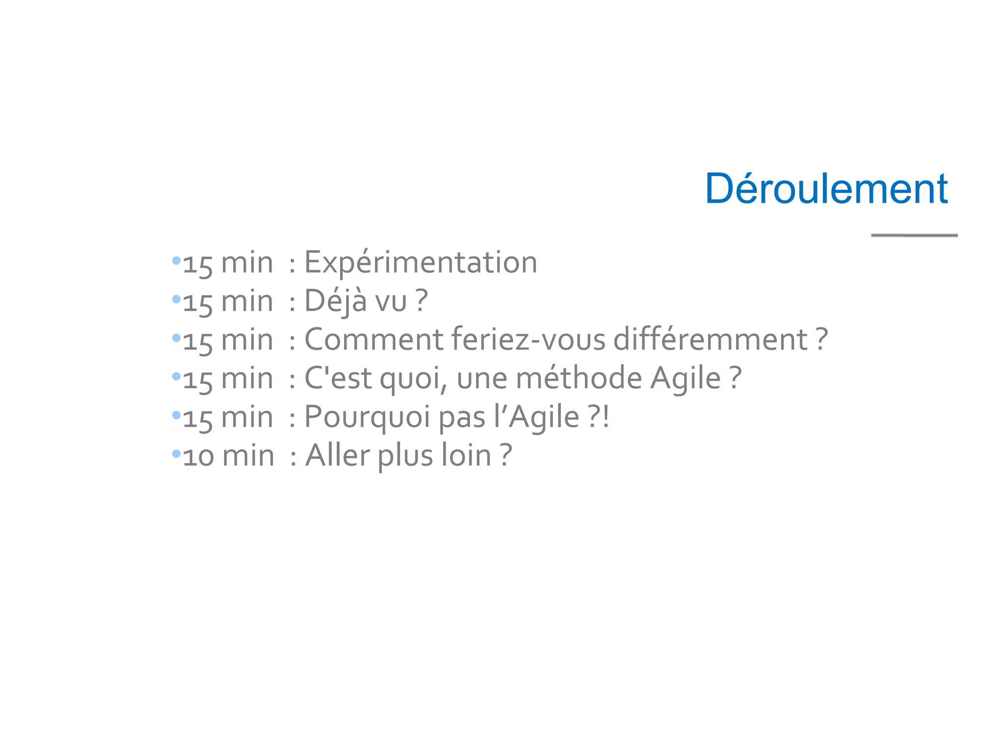 Déroulement
•15 min   : Expérimentation
•15 min   : Déjà vu ?
•15 min   : Comment feriez-vous différemment ?
•15 min   : C'est quoi, une méthode Agile ?
•15 min   : Pourquoi pas l’Agile ?!
•10 min   : Aller plus loin ?
 