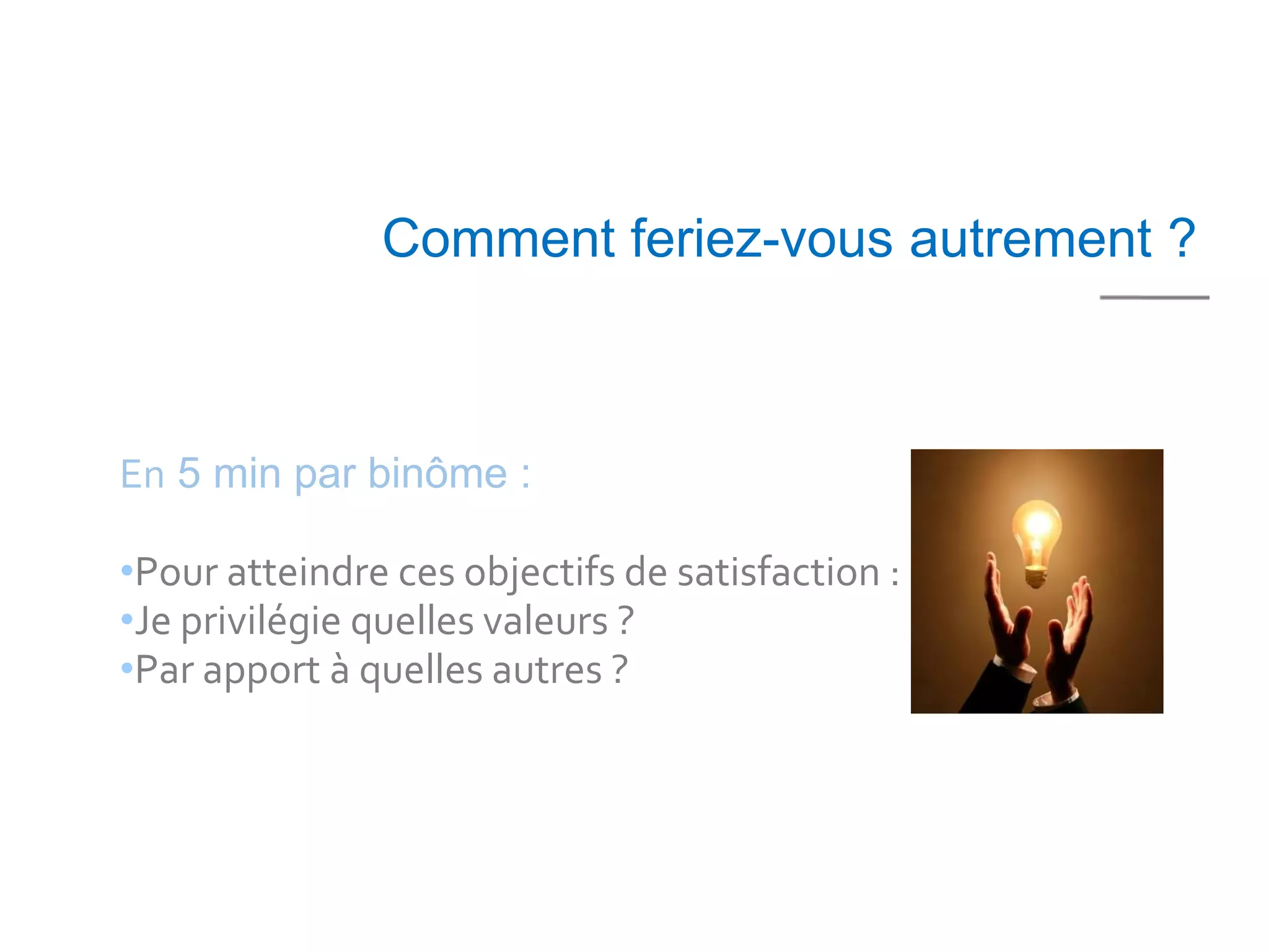 Comment feriez-vous autrement ?



En 5 min par binôme :

•Pour atteindre ces objectifs de satisfaction :
•Je privilégie quelles valeurs ?
•Par apport à quelles autres ?
 