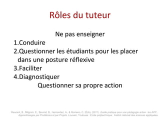 Rôles du tuteur
Ne pas enseigner
1.Conduire
2.Questionner les étudiants pour les placer
dans une posture réflexive
3.Faciliter
4.Diagnostiquer
Questionner sa propre action
Raucent, B., Milgrom, E., Bourret, B., Hernandez, A., & Romano, C. (Éds). (2011). Guide pratique pour une pédagogie active : les APP...
Apprentissages par Problèmes et par Projets. Louvain; Toulouse : Ecole polytechnique ; Institut national des sciences appliquées.
 