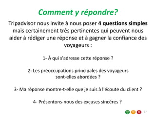 Tripadvisor nous invite à nous poser 4 questions simples
mais certainement très pertinentes qui peuvent nous
aider à rédiger une réponse et à gagner la confiance des
voyageurs :
1- À qui s'adresse cette réponse ?
2- Les préoccupations principales des voyageurs
sont-elles abordées ?
3- Ma réponse montre-t-elle que je suis à l'écoute du client ?
4- Présentons-nous des excuses sincères ?
Comment y répondre?
27
 