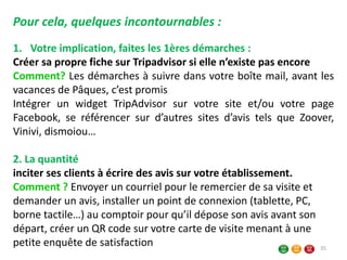 Pour cela, quelques incontournables :
1. Votre implication, faites les 1ères démarches :
Créer sa propre fiche sur Tripadvisor si elle n’existe pas encore
Comment? Les démarches à suivre dans votre boîte mail, avant les
vacances de Pâques, c’est promis
Intégrer un widget TripAdvisor sur votre site et/ou votre page
Facebook, se référencer sur d’autres sites d’avis tels que Zoover,
Vinivi, dismoiou…
2. La quantité
inciter ses clients à écrire des avis sur votre établissement.
Comment ? Envoyer un courriel pour le remercier de sa visite et
demander un avis, installer un point de connexion (tablette, PC,
borne tactile…) au comptoir pour qu’il dépose son avis avant son
départ, créer un QR code sur votre carte de visite menant à une
petite enquête de satisfaction 35
 
