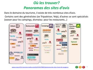 Où les trouver?
Panoramas des sites d’avis
Dans le domaine du tourisme, il existe de très nombreux sites d’avis.
Certains sont des généralistes (ex Tripadvisor, Yelp), d’autres se sont spécialisés
(zoover pour les campings, dismoiou pour les restaurants…)
www.scoop.it/t/e-tourisme-media-social/p/3214170665/panorama-des-sites-d-avis-de-voyageurs 4
 