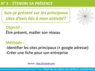 N° 3 : ÉTENDRE SA PRÉSENCE
Objectif :
Être présent, mailler son réseau
Méthode :
-Identifier les sites principaux (+ google adresse)
-Créer une fiche pour son entreprise
Suis-je présent sur les principaux
sites d’avis liés à mon activité?
Source : http://fr.jimdo.com
Faites de vos clients vos meilleurs commerciaux
 