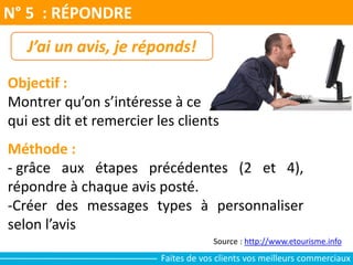 N° 5 : RÉPONDRE
Source : http://www.etourisme.info
J’ai un avis, je réponds!
Objectif :
Montrer qu’on s’intéresse à ce
qui est dit et remercier les clients
Méthode :
- grâce aux étapes précédentes (2 et 4),
répondre à chaque avis posté.
-Créer des messages types à personnaliser
selon l’avis
Faites de vos clients vos meilleurs commerciaux
 