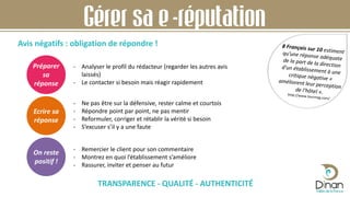 Gérer sa e-réputation
Avis négatifs : obligation de répondre !
TRANSPARENCE - QUALITÉ - AUTHENTICITÉ
Préparer
sa
réponse
- Analyser le profil du rédacteur (regarder les autres avis
laissés)
- Le contacter si besoin mais réagir rapidement
Ecrire sa
réponse
- Ne pas être sur la défensive, rester calme et courtois
- Répondre point par point, ne pas mentir
- Reformuler, corriger et rétablir la vérité si besoin
- S’excuser s’il y a une faute
On reste
positif !
- Remercier le client pour son commentaire
- Montrez en quoi l’établissement s’améliore
- Rassurer, inviter et penser au futur
 