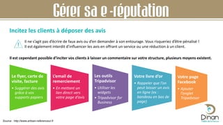Incitez les clients à déposer des avis
Gérer sa e-réputation
Il ne s’agit pas d’écrire de faux avis ou d’en demander à son entourage. Vous risqueriez d’être pénalisé !
Il est également interdit d’influencer les avis en offrant un service ou une réduction à un client.
Il est cependant possible d’inciter vos clients à laisser un commentaire sur votre structure, plusieurs moyens existent.
Le flyer, carte de
visite, facture
• Suggérer des avis
grâce à vos
supports papiers
L’email de
remerciement
• En mettant un
lien direct vers
votre page d’avis
Les outils
Tripadvisor
• Utiliser les
widgets
• Tripadvisor for
Business
Votre livre d’or
• Rappeler que l’on
peut laisser un avis
en ligne (ex :
bandeau en bas de
page)
Votre page
Facebook
• Ajouter
l’onglet
Tripadvisor
Source : http://www.artisan-referenceur.fr
 