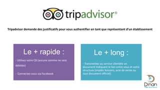 Tripadvisor demande des justificatifs pour vous authentifier en tant que représentant d’un établissement
Le + rapide :
- Utilisez votre CB (aucune somme ne sera
débitée)
- Connectez-vous via Facebook
Le + long :
- Transmettez au service clientèle un
document indiquant le lien entre vous et votre
structure (impôts fonciers, acte de vente ou
tout document officiel)
 