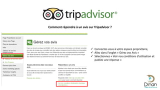 Comment répondre à un avis sur Tripadvisor ?
 Connectez-vous à votre espace propriétaire,
 Allez dans l’onglet « Gérez vos Avis »
 Sélectionnez « Voir nos conditions d’utilisation et
publiez une réponse »
 
