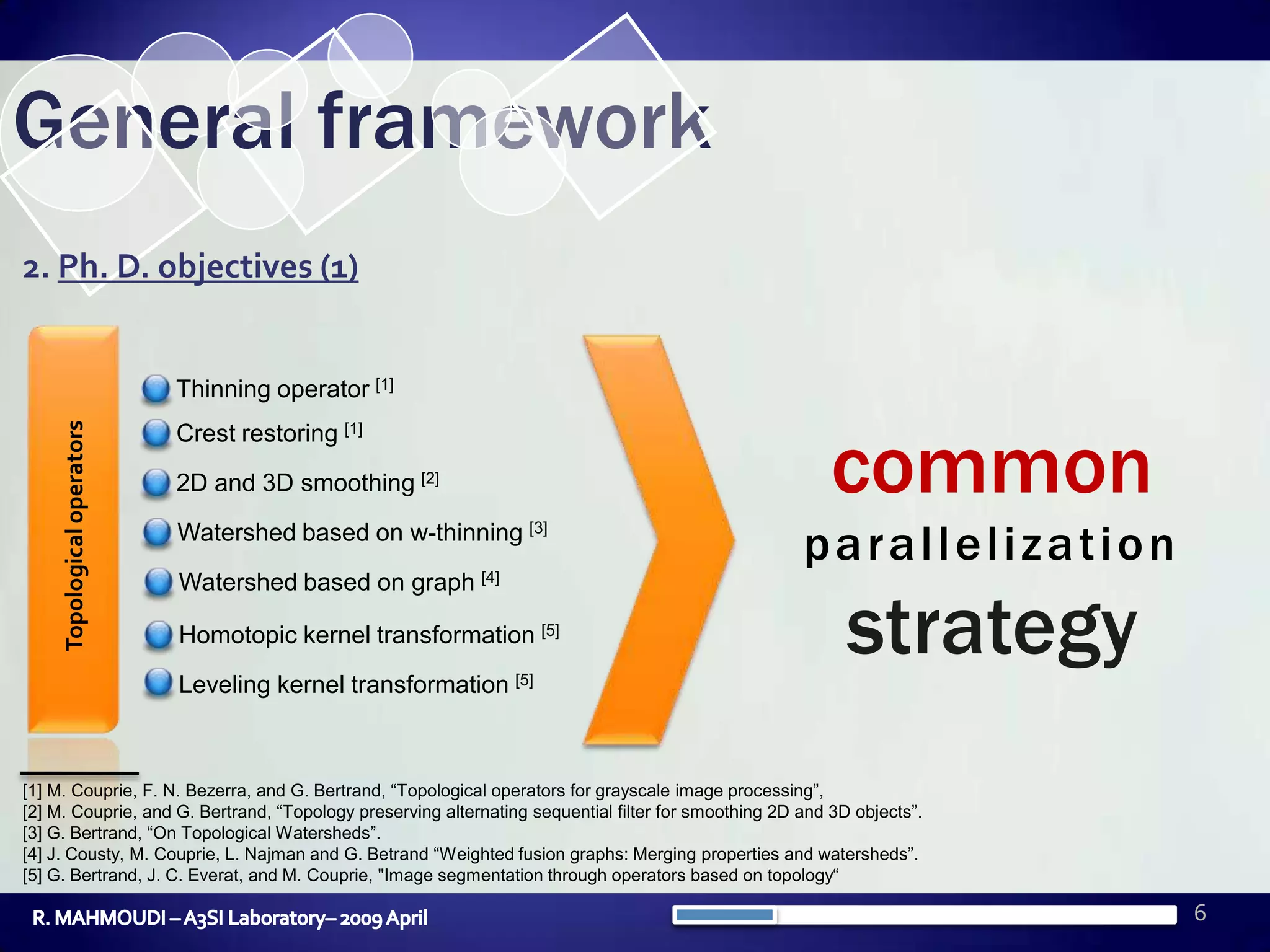 6General framework2. Ph. D. objectives (1)Topological operatorsThinning operator [1]commonparallelizationstrategyCrest restoring [1]2D and 3D smoothing [2]Watershed based on w-thinning [3]Watershed based on graph [4]Homotopic kernel transformation [5]Leveling kernel transformation [5][1] M. Couprie, F. N. Bezerra, and G. Bertrand, “Topological operators for grayscale image processing”, [2] M. Couprie, and G. Bertrand, “Topology preserving alternating sequential filter for smoothing 2D and 3D objects”.[3] G. Bertrand, “On Topological Watersheds”.  [4] J. Cousty, M. Couprie, L. Najman and G. Betrand “Weighted fusion graphs: Merging properties and watersheds”.[5] G. Bertrand, J. C. Everat, and M. Couprie, &quot;Image segmentation through operators based on topology“ R. MAHMOUDI – A3SI Laboratory– 2009 April
