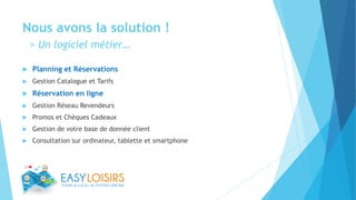 Nous avons la solution !
> Un logiciel métier…
 Planning et Réservations
 Gestion Catalogue et Tarifs
 Réservation en ligne
 Gestion Réseau Revendeurs
 Promos et Chèques Cadeaux
 Gestion de votre base de donnée client
 Consultation sur ordinateur, tablette et smartphone
 