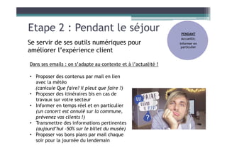 Etape 2 : Pendant le séjour
Se servir de ses outils numériques pour
améliorer l’expérience client
Dans ses emails : on s’adapte au contexte et à l’actualité !
• Proposer des contenus par mail en lien
avec la météo
(canicule Que faire? Il pleut que faire ?)
• Proposer des itinéraires bis en cas de
travaux sur votre secteur
• Informer en temps réel et en particulier
(un concert est annulé sur la commune,
prévenez vos clients !)
• Transmettre des informations pertinentes
(aujourd’hui -50% sur le billet du musée)
• Proposer vos bons plans par mail chaque
soir pour la journée du lendemain
PENDANT
Accueillir,
Informer en
particulier
 