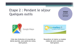 Etape 2 : Pendant le séjour
Quelques outils
PENDANT
Accueillir,
Informer en
particulier
Créer des itinéraires à la journée ou
demie journée, avec points de visites.
Outil gratuit.
Paramétrer et insérer un module
météo de votre commune.
Outil gratuit.
 