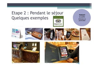 Etape 2 : Pendant le séjour
Quelques exemples
PENDANT
Accueillir,
Informer en
particulier
 