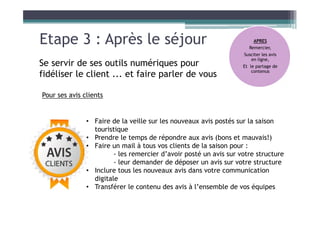 Etape 3 : Après le séjour
Se servir de ses outils numériques pour
fidéliser le client ... et faire parler de vous
Pour ses avis clients
APRES
Remercier,
Susciter les avis
en ligne,
Et le partage de
contenus
• Faire de la veille sur les nouveaux avis postés sur la saison
touristique
• Prendre le temps de répondre aux avis (bons et mauvais!)
• Faire un mail à tous vos clients de la saison pour :
- les remercier d’avoir posté un avis sur votre structure
- leur demander de déposer un avis sur votre structure
• Inclure tous les nouveaux avis dans votre communication
digitale
• Transférer le contenu des avis à l’ensemble de vos équipes
 