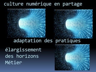 culture numérique en partage
élargissement
des horizons
Métier
adaptation des pratiques
 
