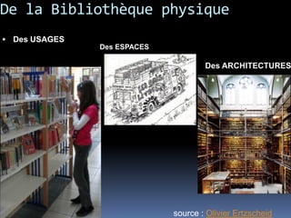 De la Bibliothèque physique
 Des USAGES
Des ESPACES
Des ARCHITECTURES
source : Olivier Ertzscheid
 