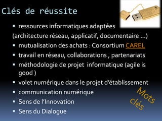 Clés de réussite
 ressources informatiques adaptées
(architecture réseau, applicatif, documentaire …)
 mutualisation des achats : Consortium CAREL
 travail en réseau, collaborations , partenariats
 méthodologie de projet informatique (agile is
good )
 volet numérique dans le projet d’établissement
 communication numérique
 Sens de l’Innovation
 Sens du Dialogue
 