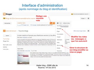 Interface d’administration
(après nommage du blog et identification)

              Rédiger une
              nouvelle
              note




                                             Modifier les notes
                                             (ou messages »)
                                             que l’on aura écrit


                                            Gérer la structure de
                                            son blog (modifier sa
                                            mise en page)




              Atelier blog - EMM ville de                      14
                Roanne. V4 Oct 2012
 
